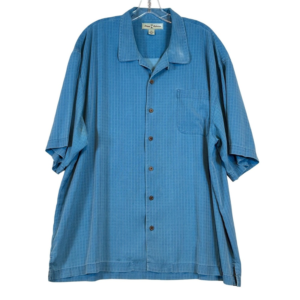 Tommy Bahama Mens XXL Blue 100% Silk Grid Stripe Short Sleeve Camp Shirt Coastal
